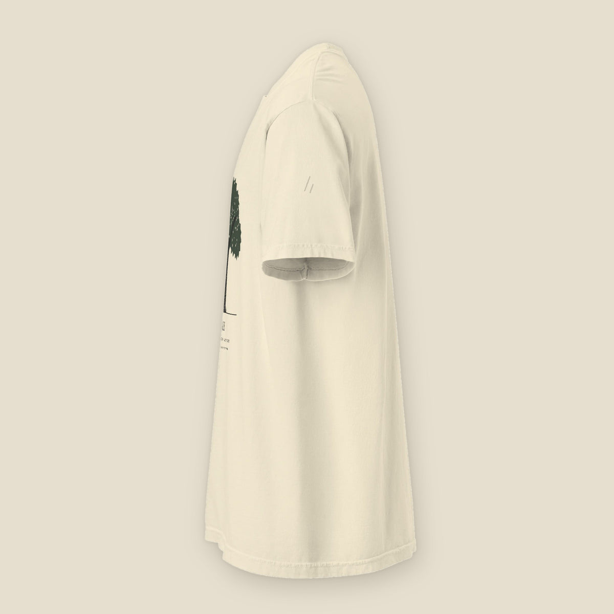 Lisle Tee, left side, Lemont Stone (Ivory): the double slanted line mark printed tone on tone on the sleeve.