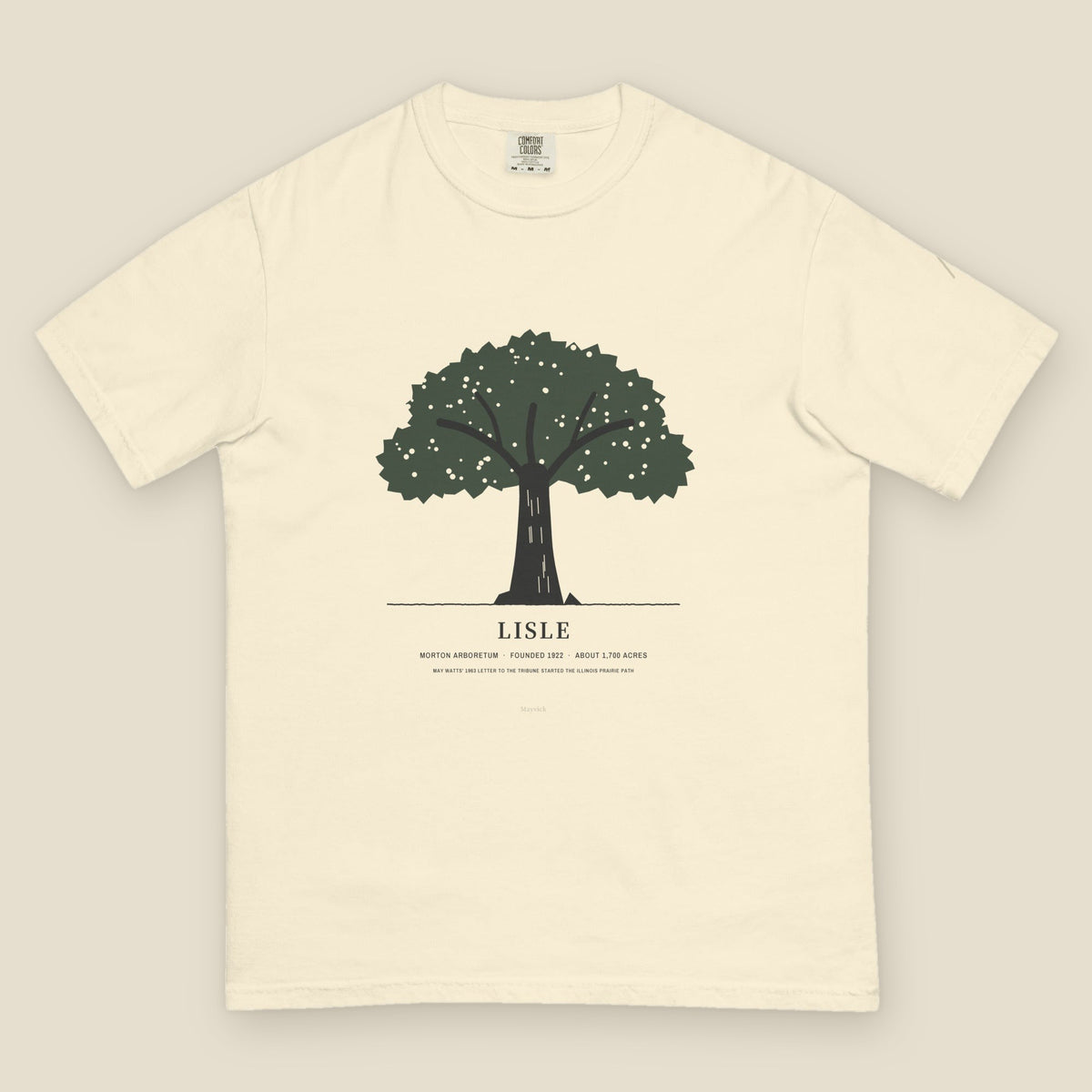 Lisle Tee, front, Lemont Stone (Ivory): the bur oak with its dark green crown above LISLE.