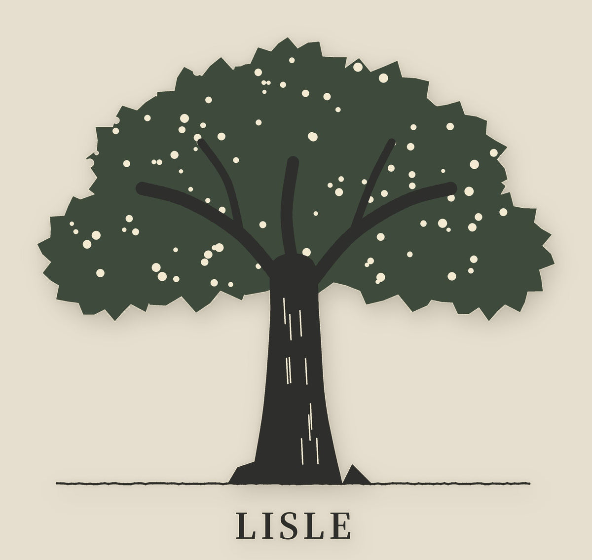 Lisle Tee, front close-up, Lemont Stone (Ivory): the bur oak with its dark green crown above LISLE.