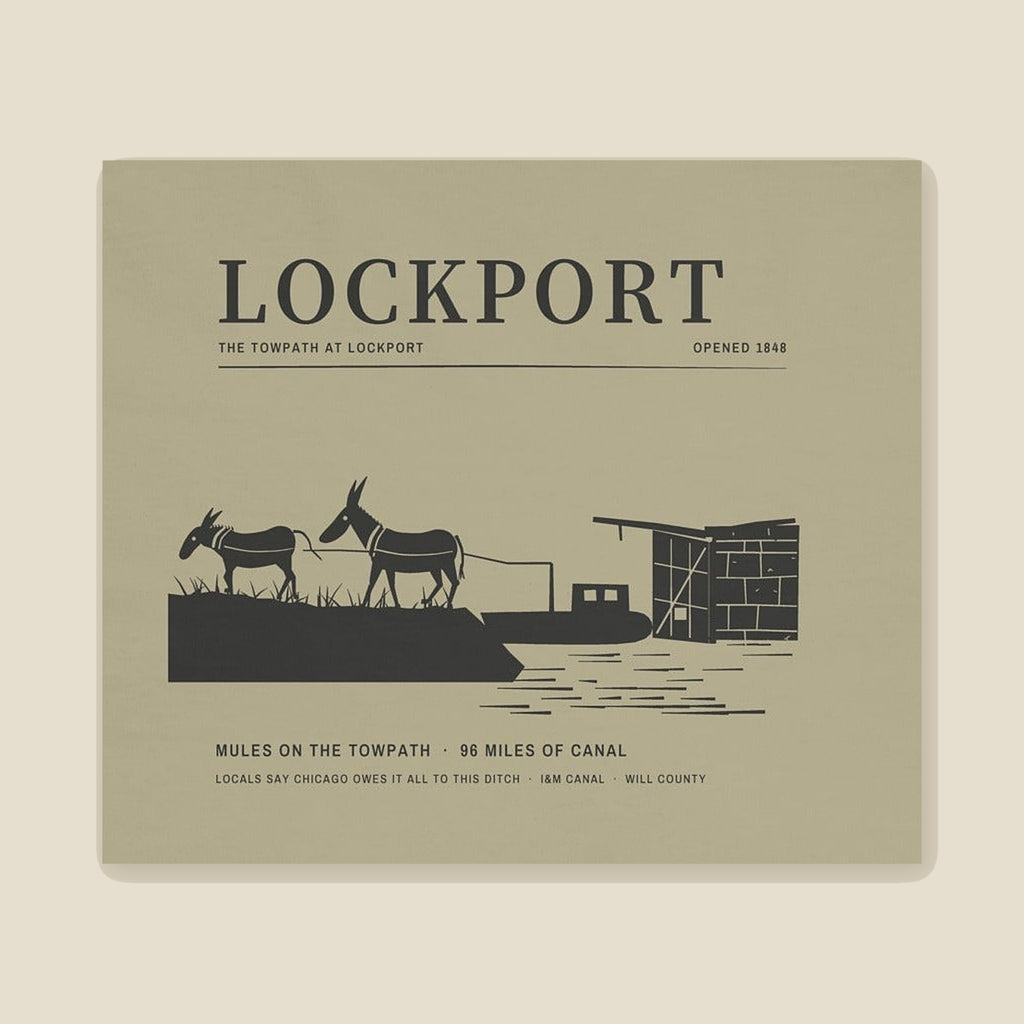 Lockport Canal Tee, back close-up: LOCKPORT over two mules, a canal boat and the stone lock gate