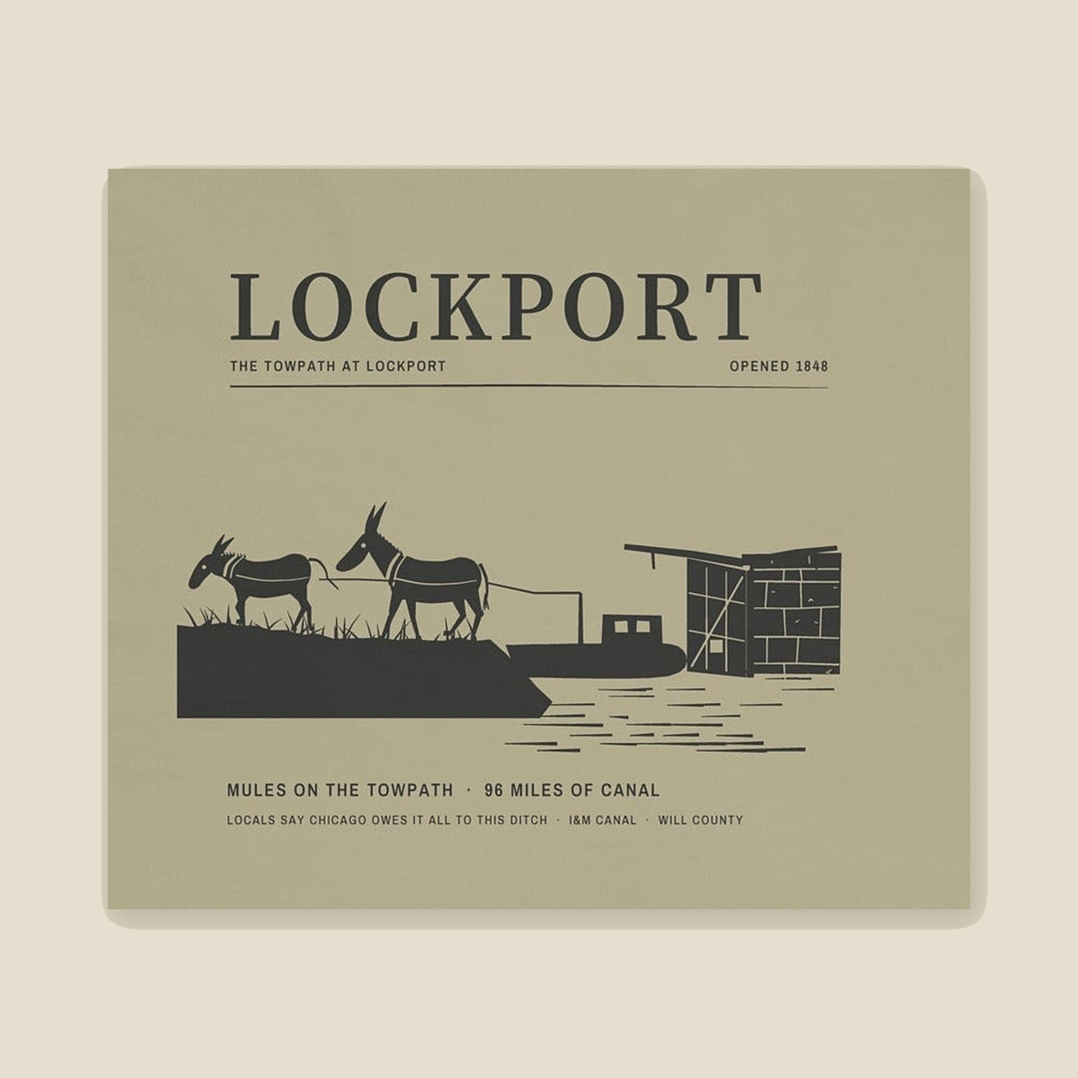 Lockport Canal Tee, back close-up: LOCKPORT over two mules, a canal boat and the stone lock gate