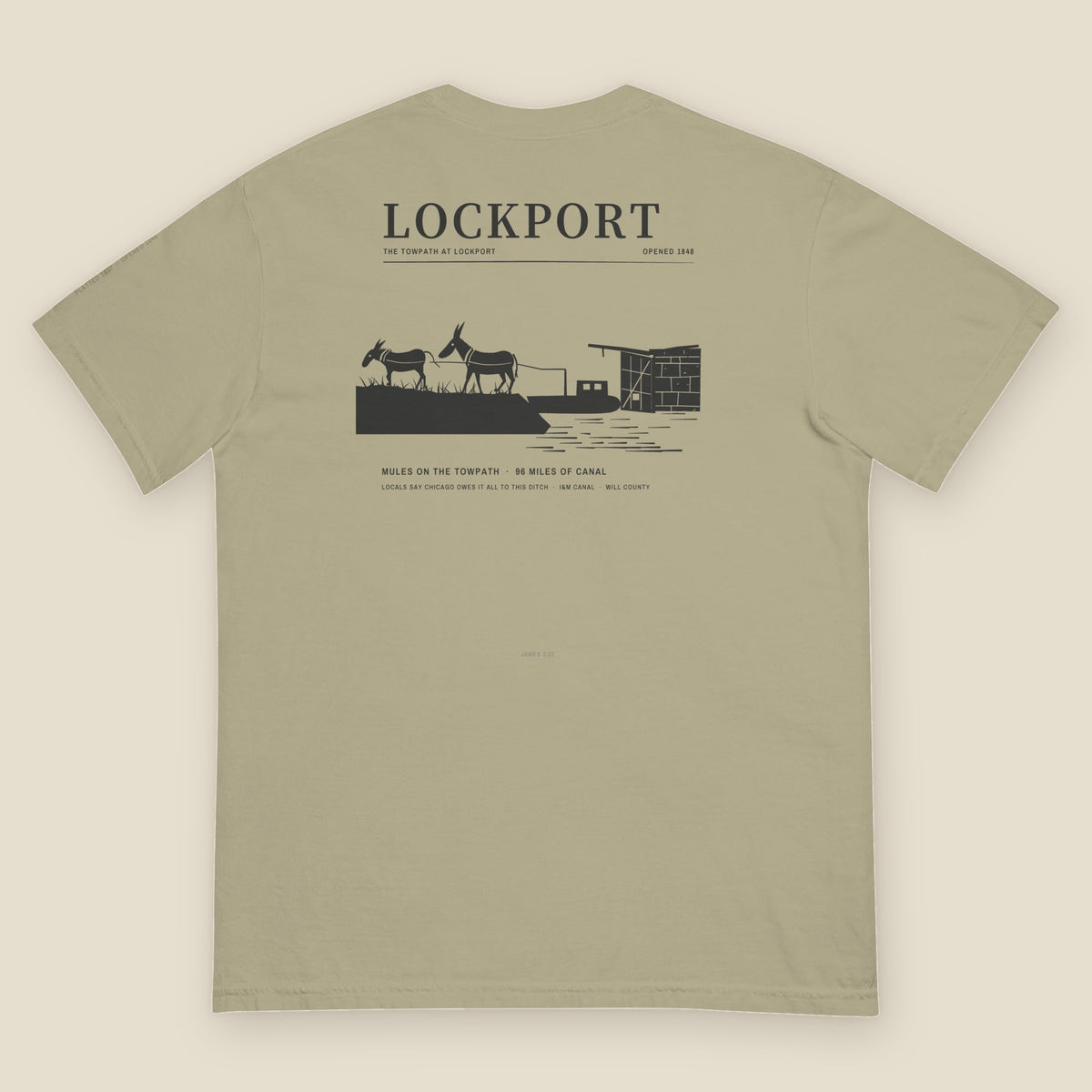 Lockport Canal Tee, back, Khaki: two mules on the towpath towing a canal boat toward the lock gates