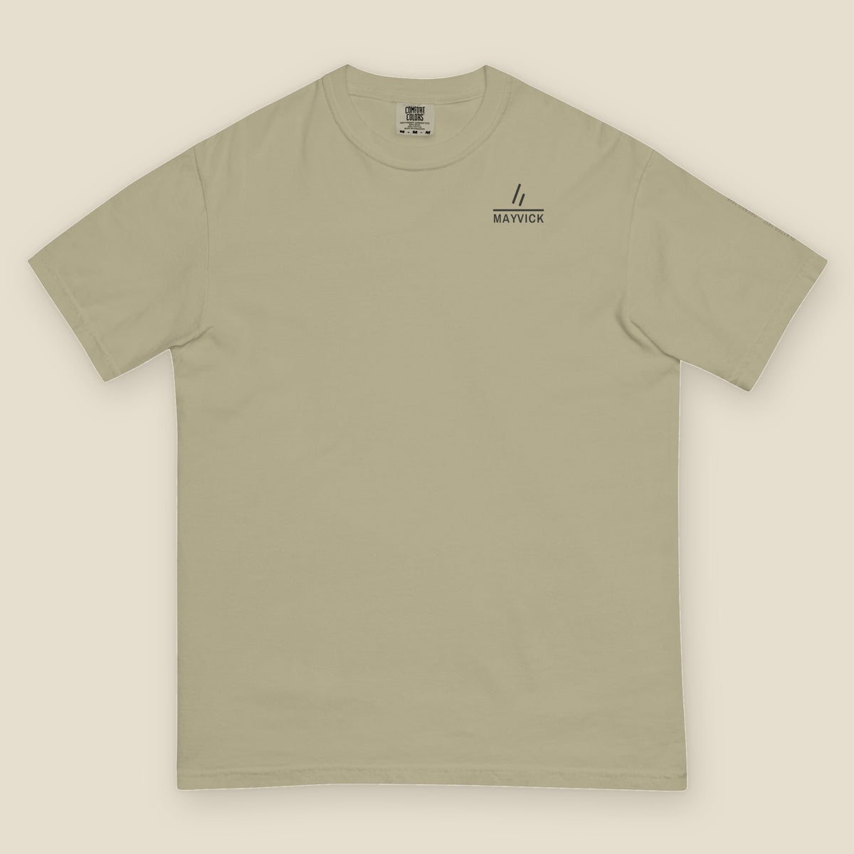 Lockport Canal Tee, front, Khaki: the double slanted line mark over a small MAYVICK at the left chest