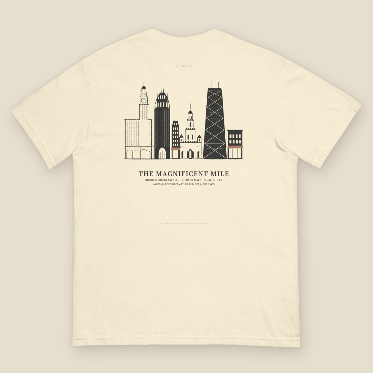 Magnificent Mile Tee, back, Lemont Stone (Ivory): Wrigley Building, Tribune Tower, Water Tower and Hancock.