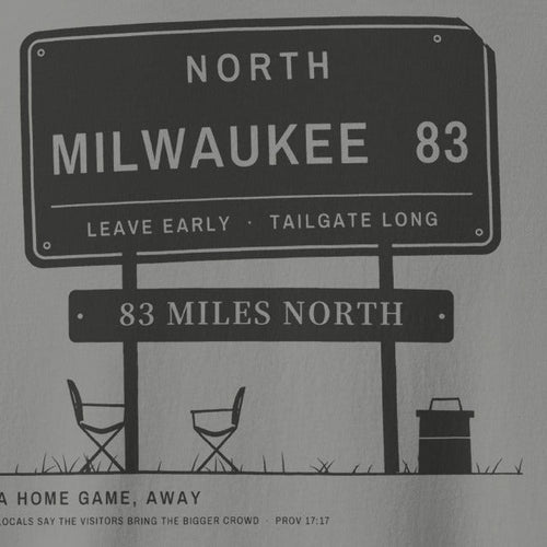 83 Miles North Tee, back close-up: the leaning sign, title plate and folding chairs