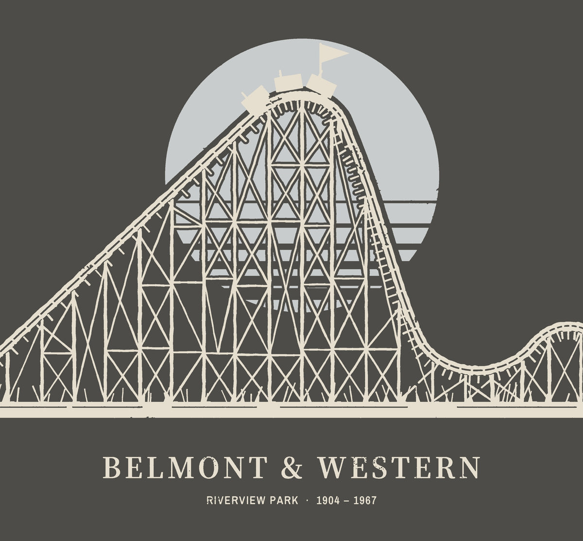 Belmont & Western Hoodie, back close-up, Vintage Black: the coaster lift hill and first drop over a pale sun.