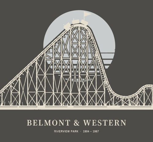 Belmont & Western Hoodie, back close-up, Vintage Black: the coaster lift hill and first drop over a pale sun.