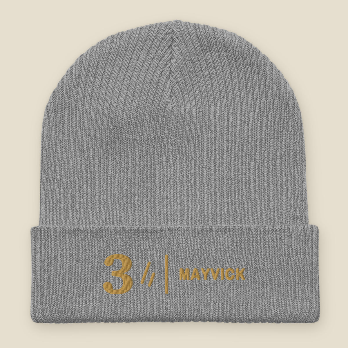 Mayvick Cuff Beanie 3, front, Light Grey: a bold 3, the mark, a rule and MAYVICK in Old Gold on the cuff