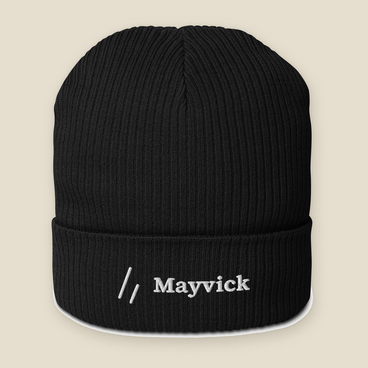 Mayvick Cuff Beanie, front, Black: the mark and Mayvick stitched in white on the cuff