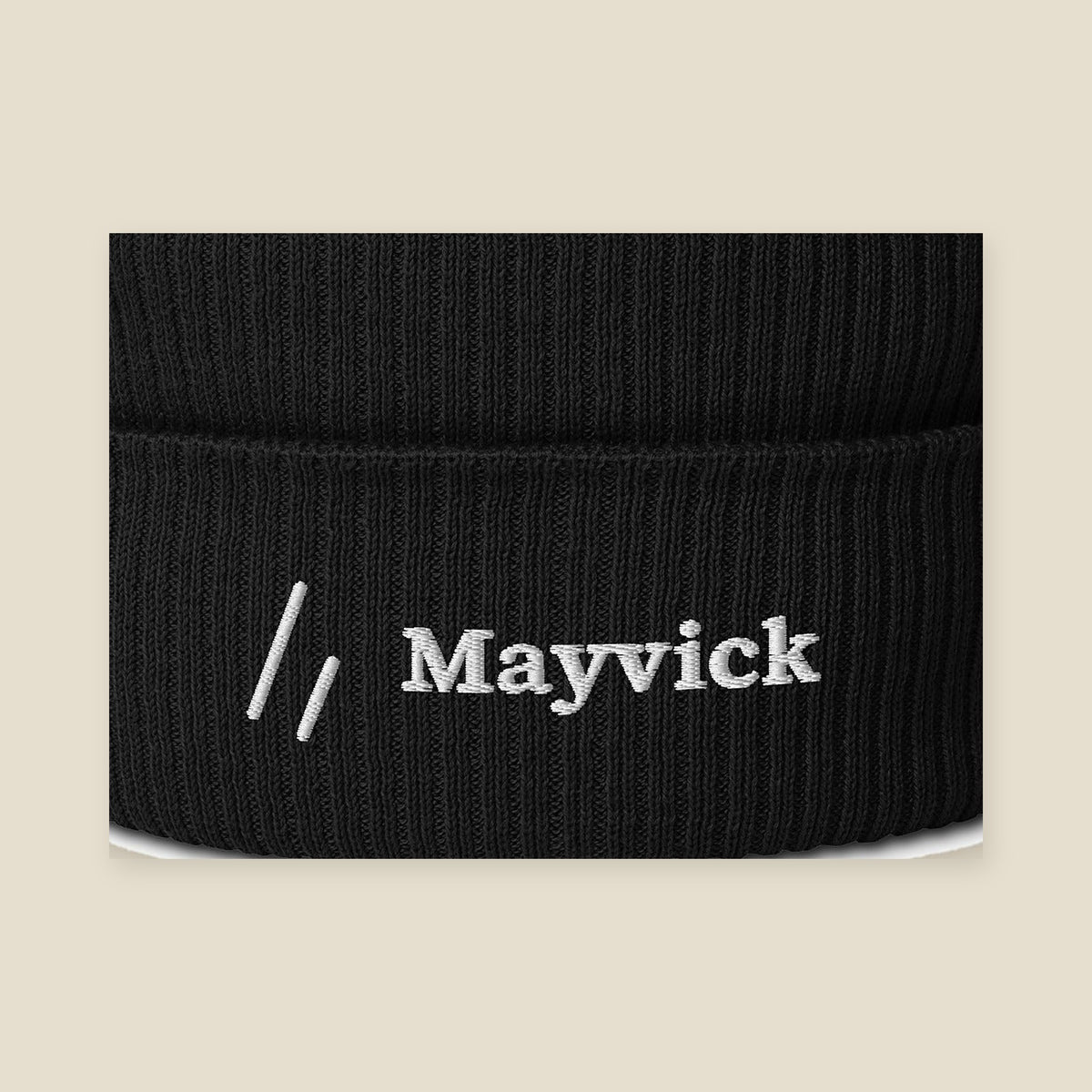 Mayvick Cuff Beanie, cuff close-up, Black: the mark and Mayvick stitched in white