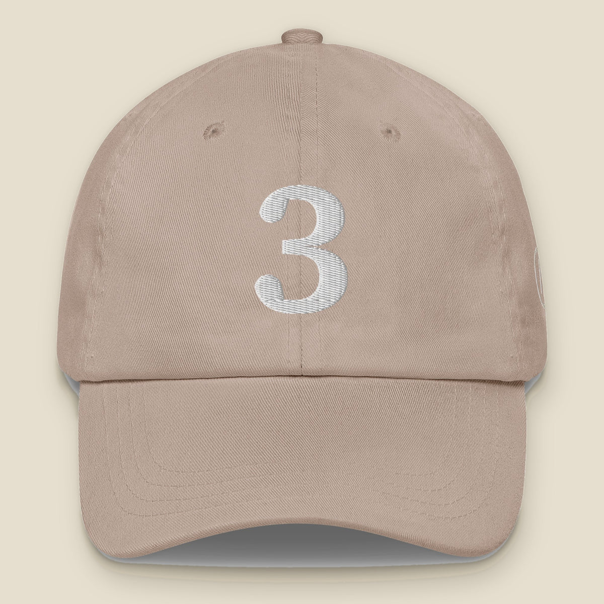 Mayvick Dad Cap 3, front, Stone: a bold 3 embroidered in white.