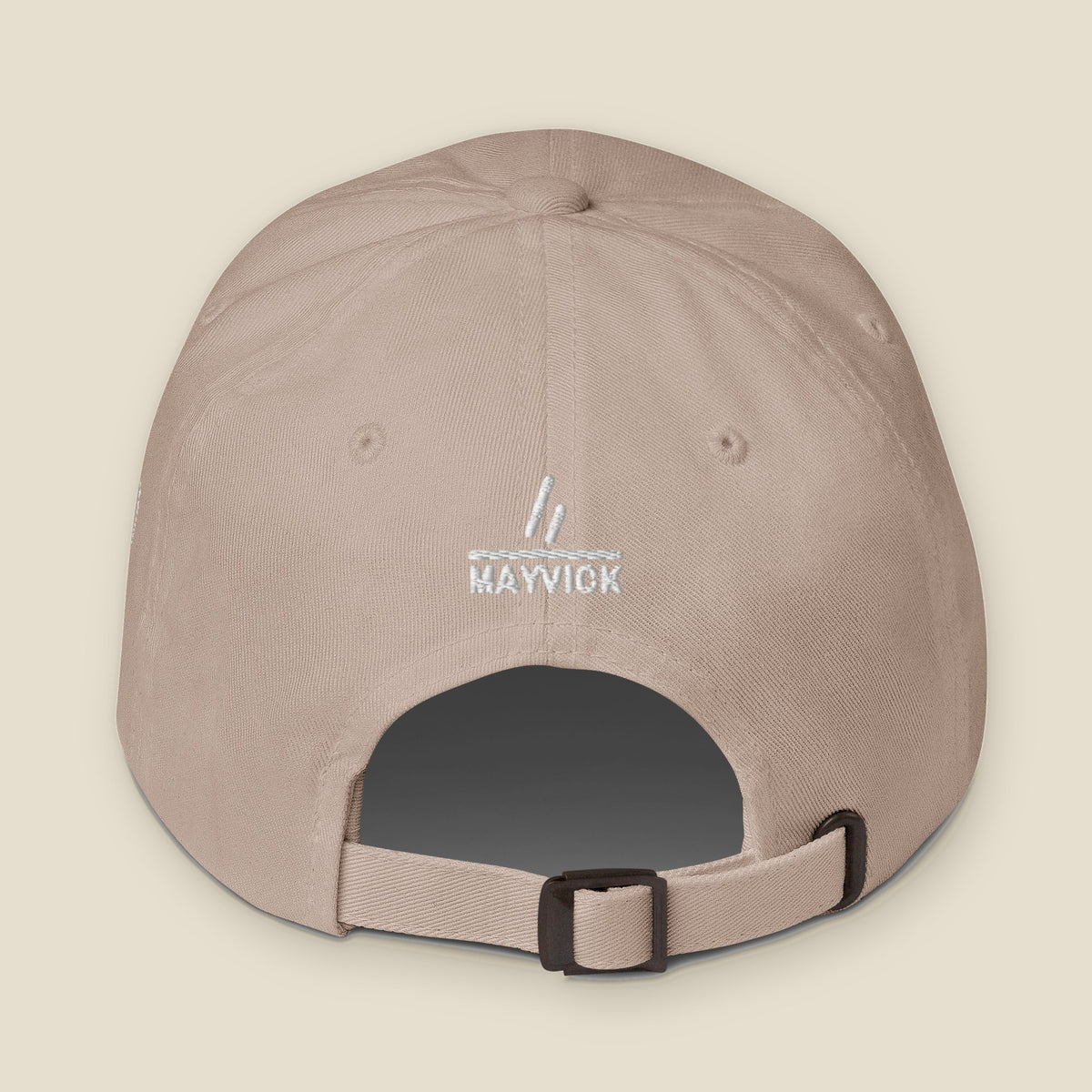 Mayvick Dad Cap 3, back, Stone: the double slanted line mark over MAYVICK stitched in white above the strap.