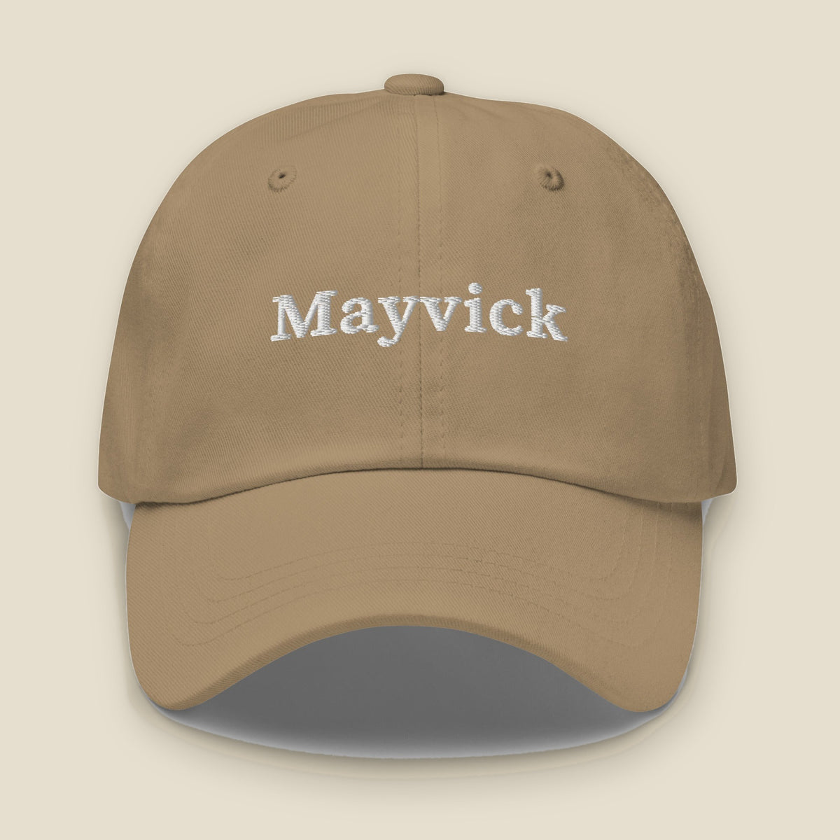 Mayvick Dad Cap, front, Khaki: the Mayvick wordmark stitched in white.