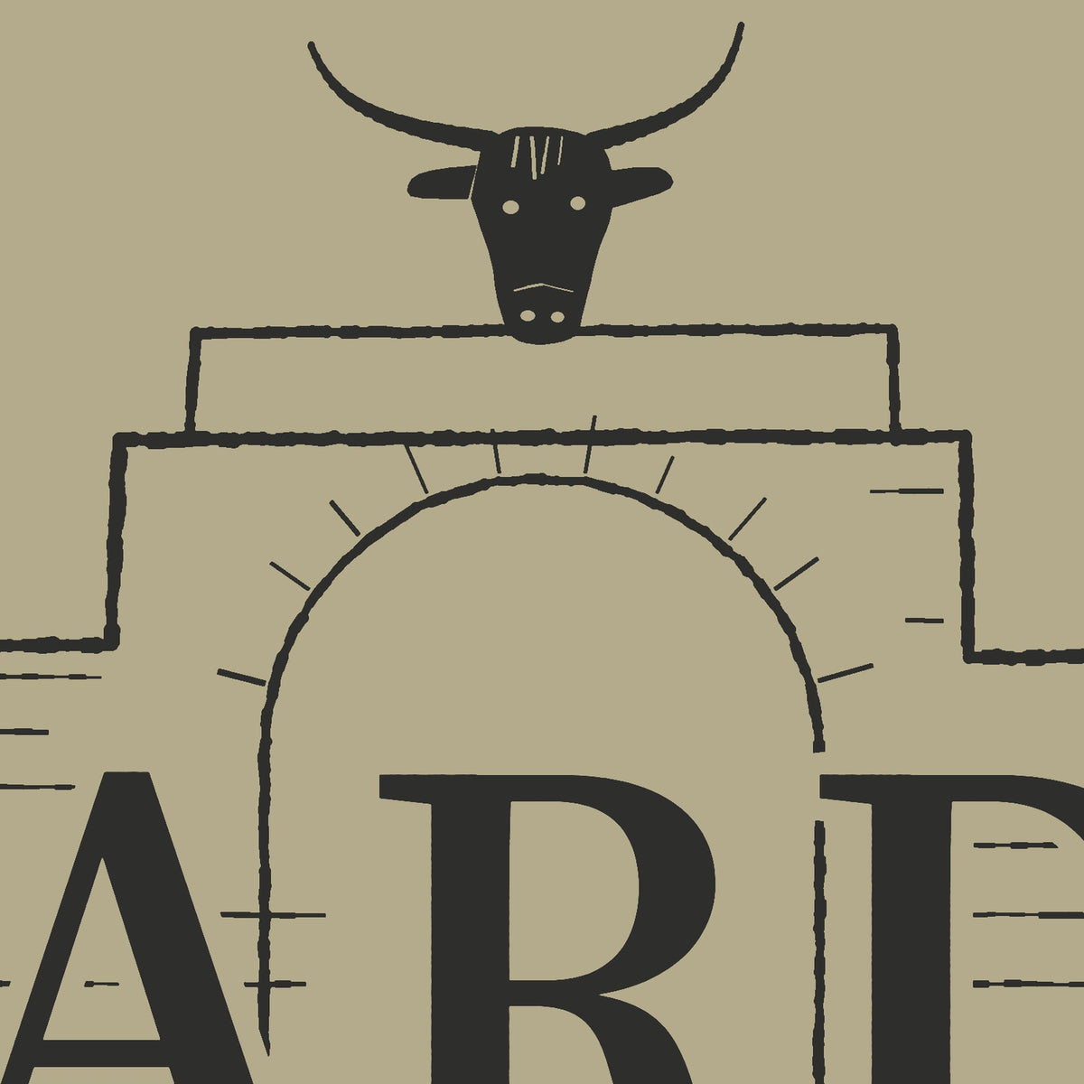 Exchange Avenue Tee, gate close-up, Prairie Path (Khaki): the bull's head over the line-drawn arch.