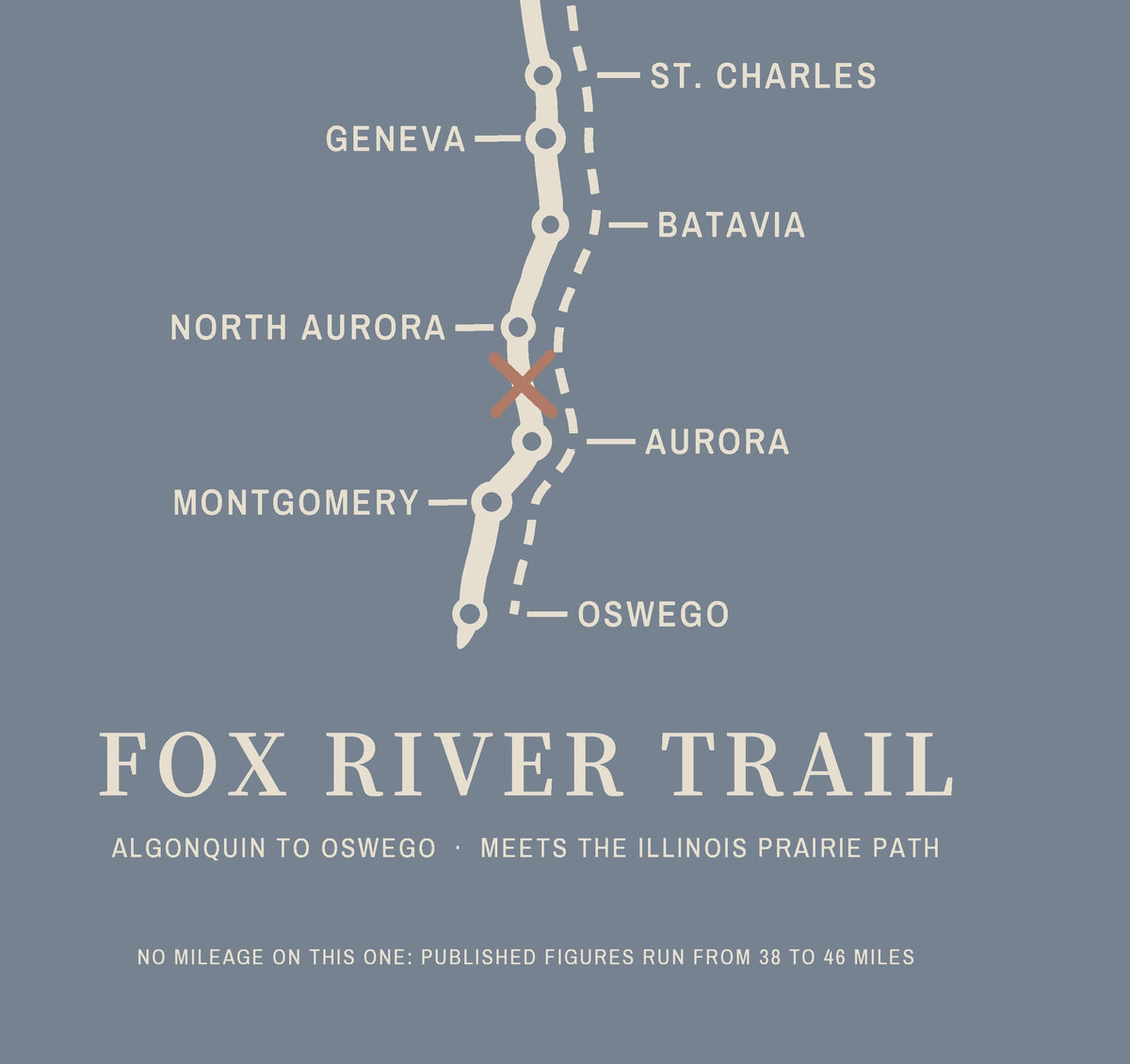Fox River Trail Tee, map close-up, Blue Jean: the south end, Geneva to Oswego, an X near Aurora.