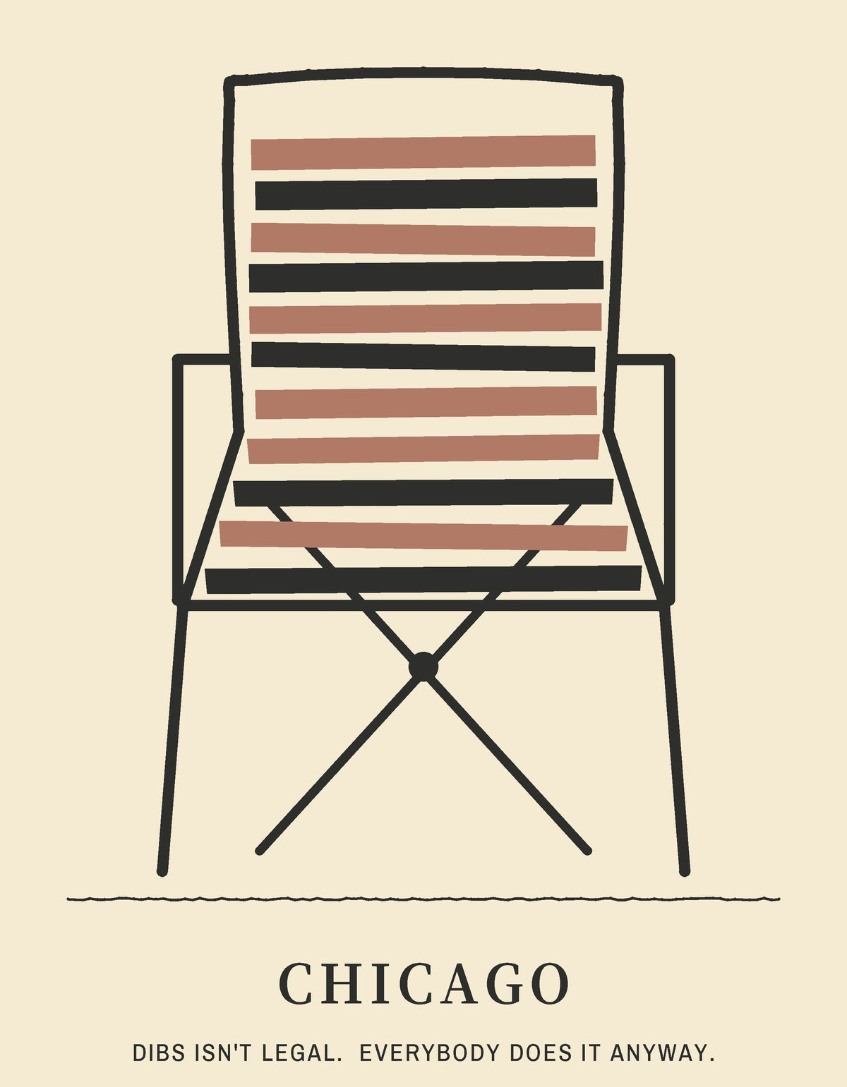 January Tee, front close-up, Lemont Stone (Ivory): the folding lawn chair with striped webbing above CHICAGO.