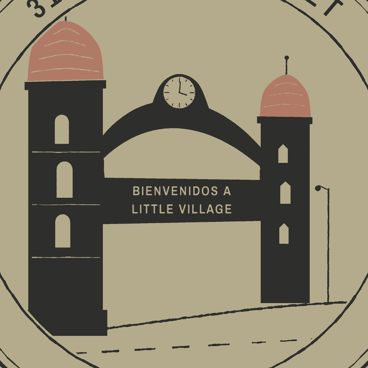 La Villita Tee, back close-up, Prairie Path (Khaki): the seal arch, clock, domed towers and BIENVENIDOS line.