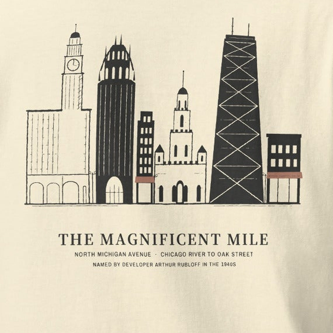 Magnificent Mile Tee, back close-up, Lemont Stone (Ivory): Wrigley, Tribune Tower, Water Tower, Hancock.
