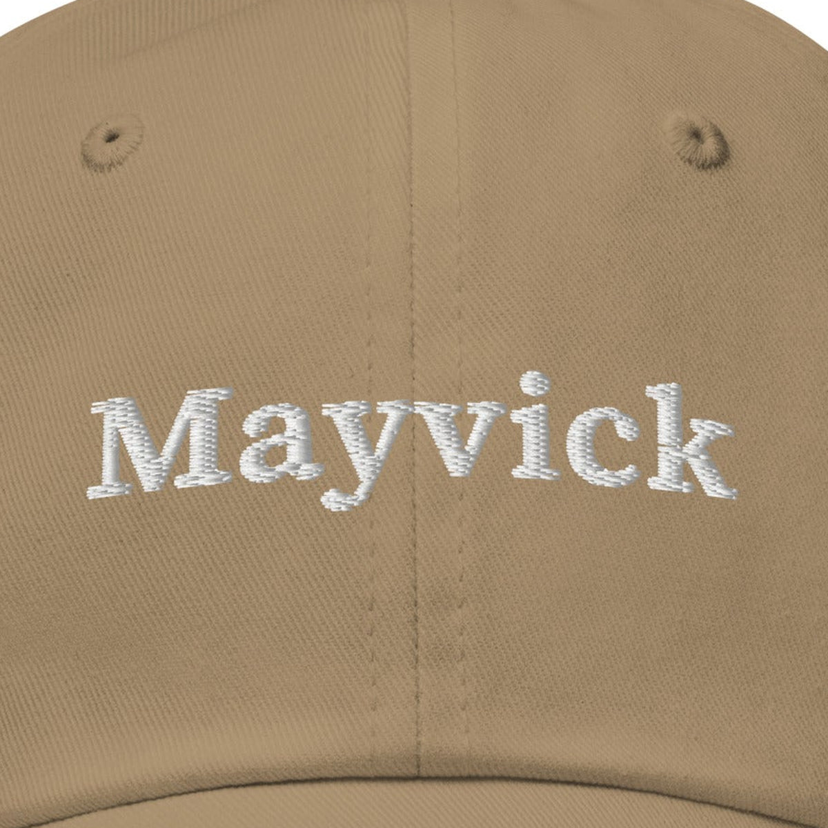 Mayvick Dad Cap, front close-up, Khaki: the Mayvick wordmark stitched in white.