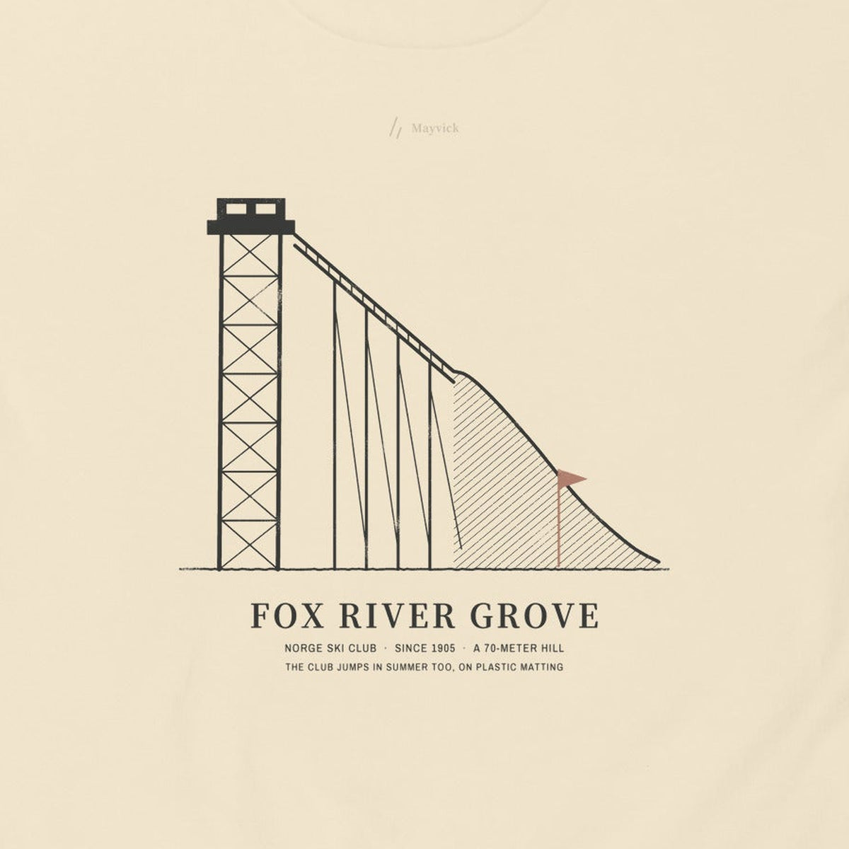 Norge Hoodie, back close-up, Lemont Stone (Bone): the ski jump tower and in-run above FOX RIVER GROVE.