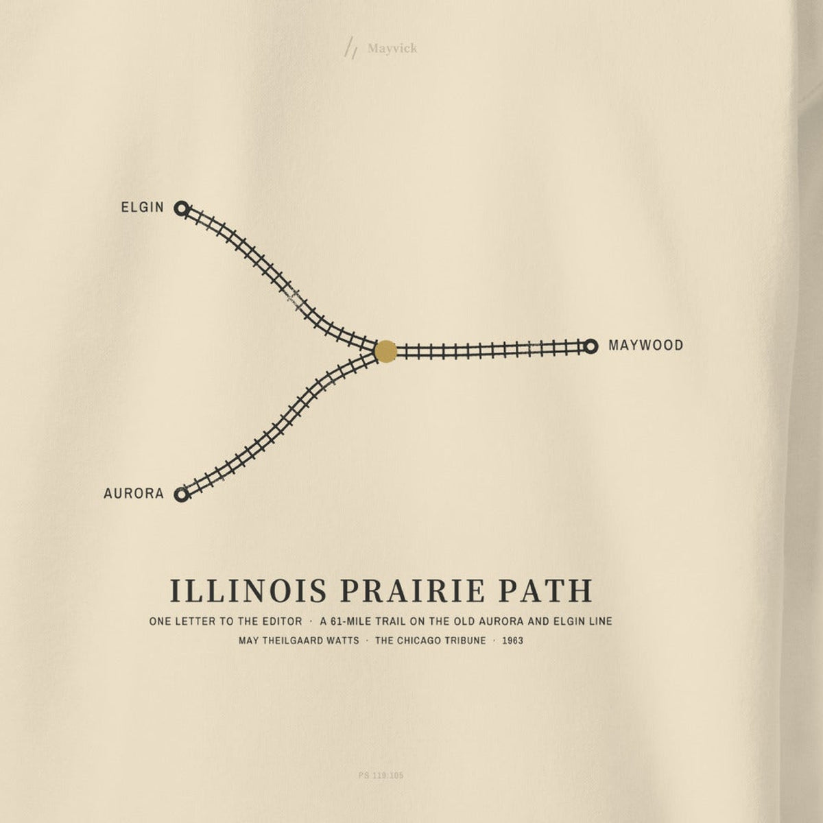 Prairie Path Crewneck, back close-up, Lemont Stone (Bone): rails from Maywood branching to Elgin and Aurora.