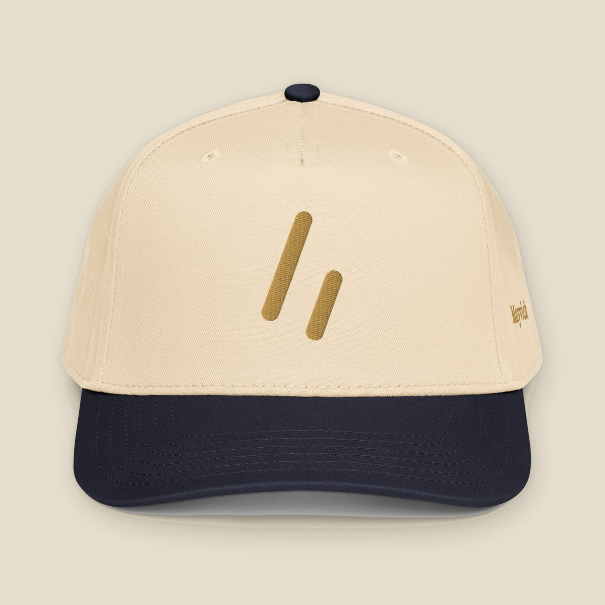 Mayvick Structured Cap, front, Natural/Navy: the mark in Old Gold 3D puff embroidery, navy brim