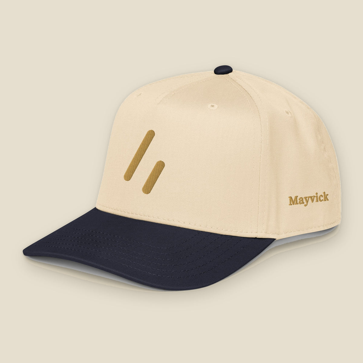 Mayvick Structured Cap, front-left, Natural/Navy: the mark on the front and the Mayvick name on the side.