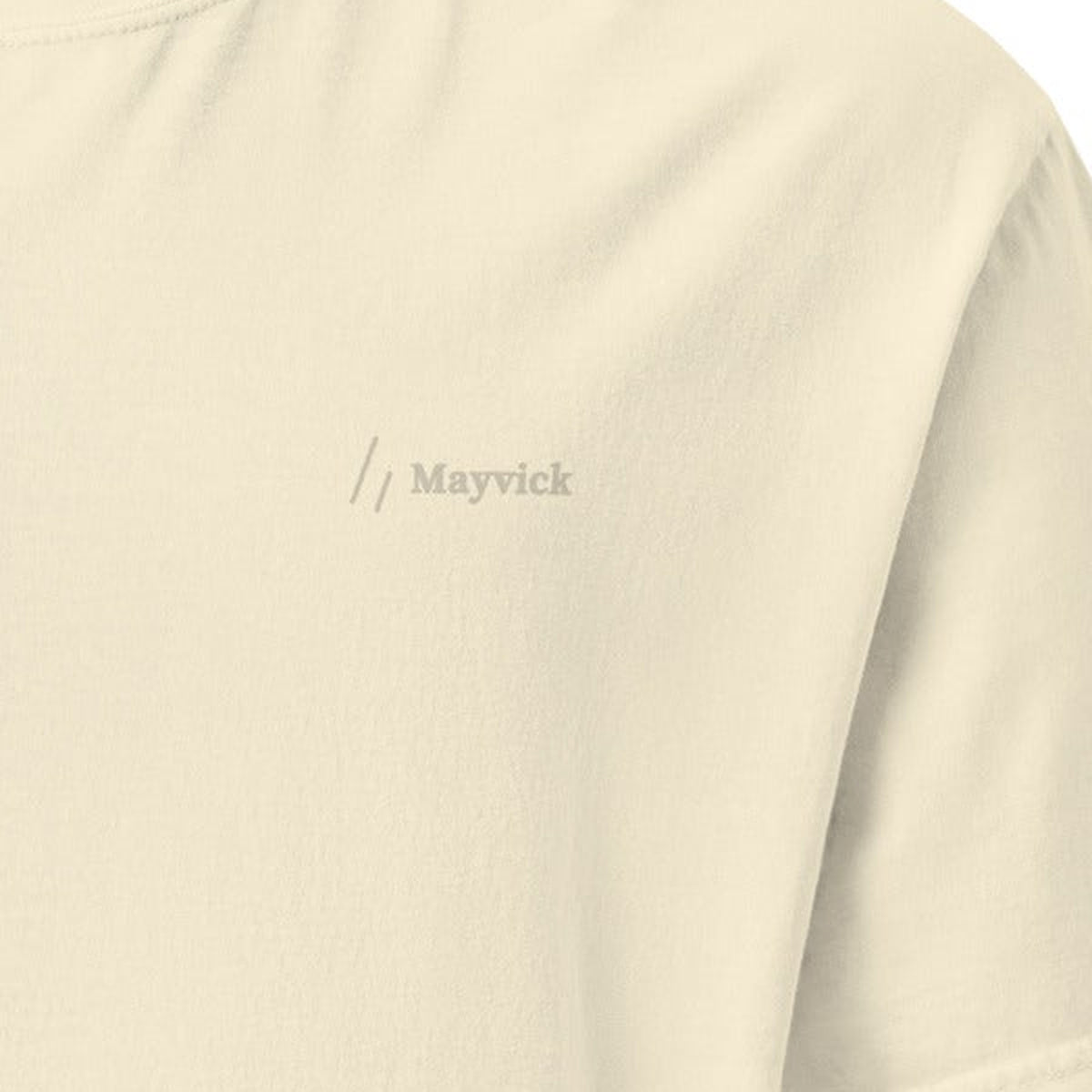 Tee, chest close-up, Ivory: the double slanted line mark and Mayvick printed small, tone on tone.