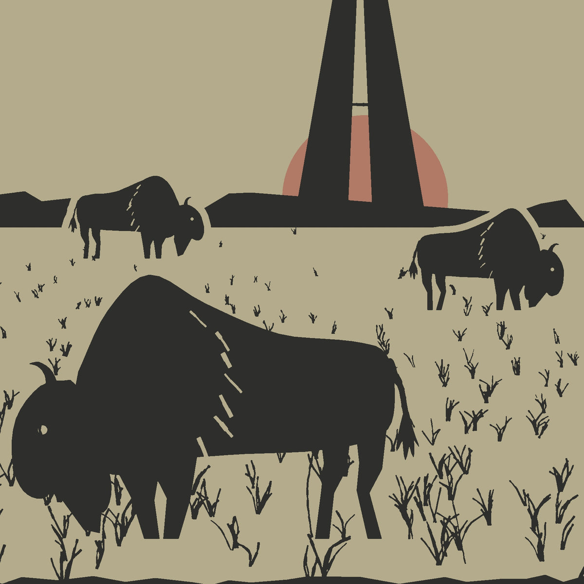 The Herd Tee, bison close-up, Prairie Path (Khaki): the near bull, Wilson Hall and a low sun on the horizon.