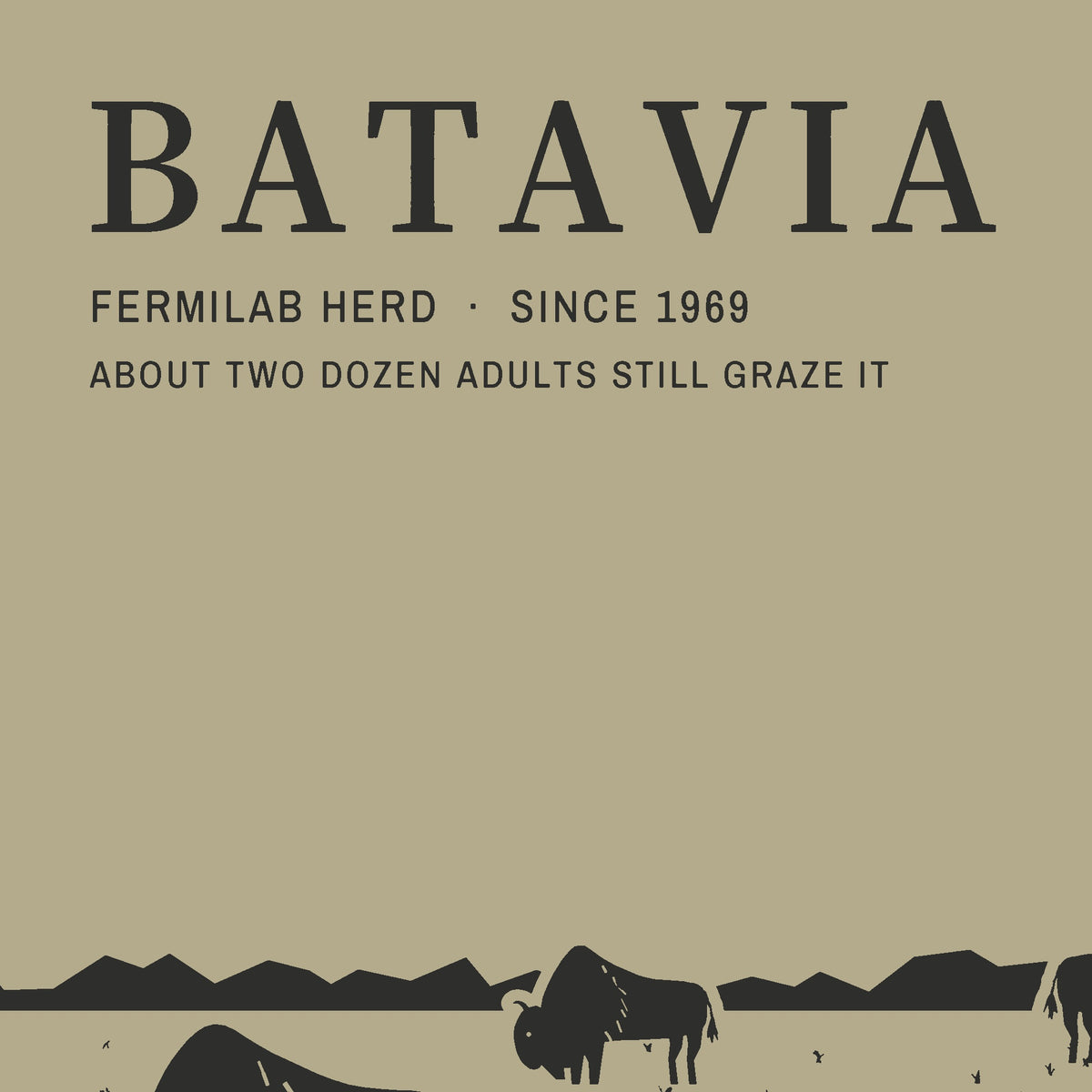 The Herd Tee, back close-up, Prairie Path (Khaki): BATAVIA, FERMILAB HERD · SINCE 1969 and the herd line.