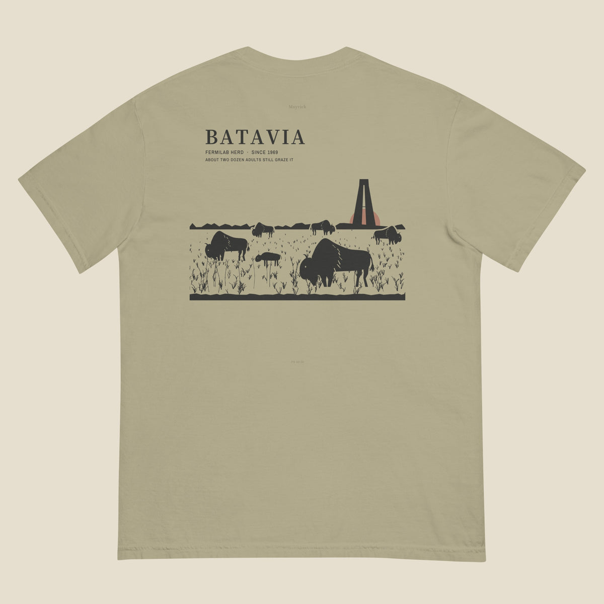 The Herd Tee, back, Prairie Path (Khaki): six bison on the prairie, Wilson Hall, a low sun, BATAVIA top left.