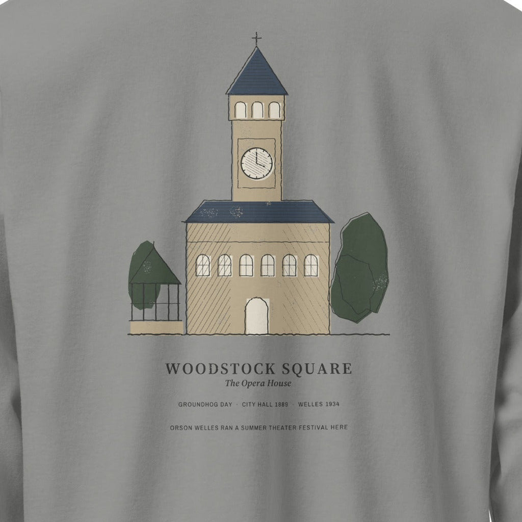 The Square Long Sleeve, back close-up, Lake Effect (Grey): the Opera House between two trees.