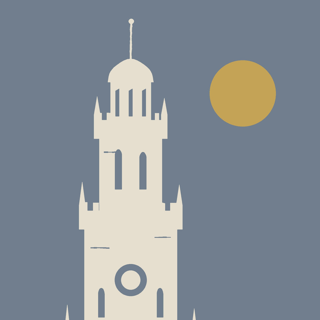 Water Tower Tee, back close-up, Blue Jean: the tower cupola and spire beside the gold sun.
