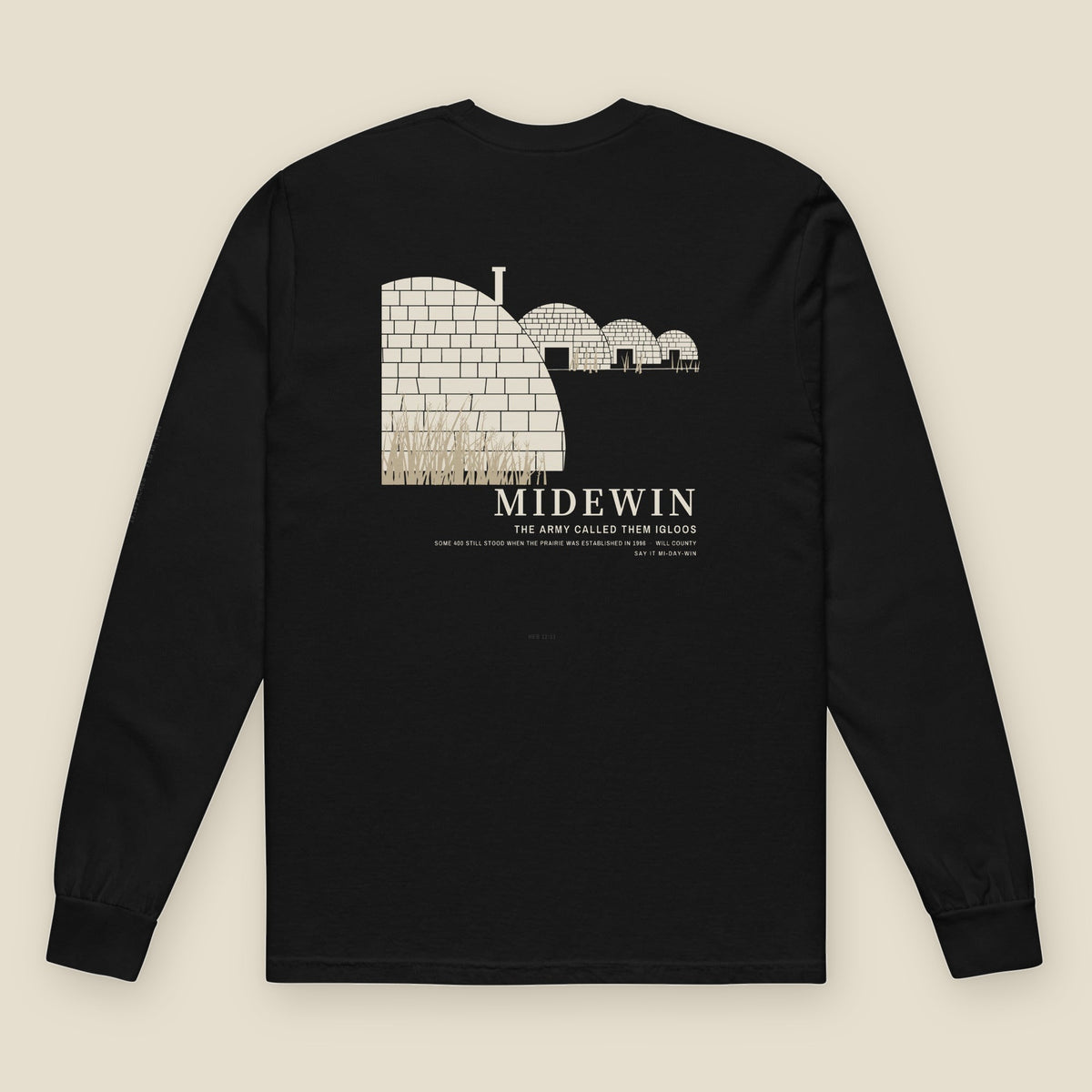 Midewin Long Sleeve, back, Black: igloos in tallgrass over MIDEWIN, Heb 12:11 small and tonal below