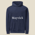 Mayvick Logo Hoodie, front, True Navy: oversized Mayvick wordmark printed in white across the chest