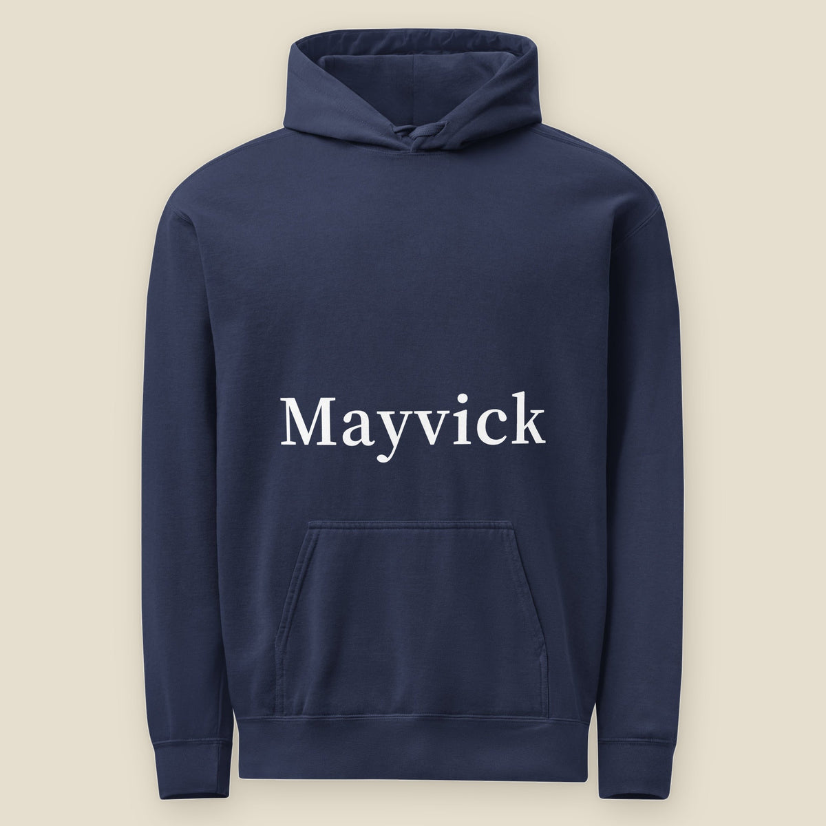 Mayvick Logo Hoodie, front, True Navy: oversized Mayvick wordmark printed in white across the chest