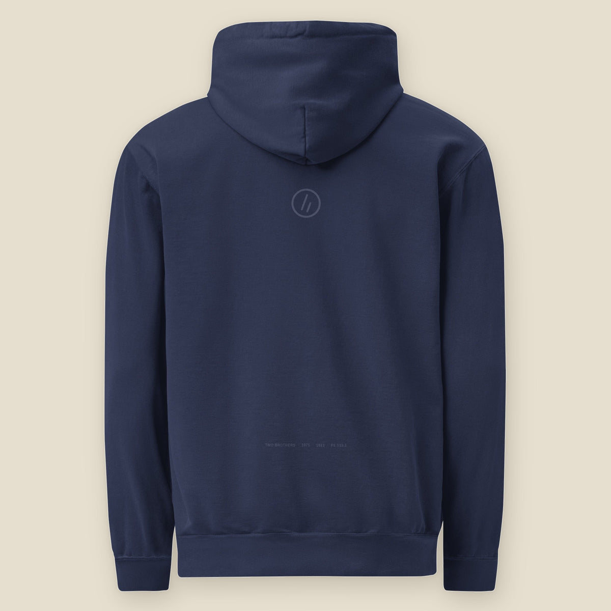 Mayvick Logo Hoodie, back: the double slanted line mark in a small circle, tone on tone below the hood