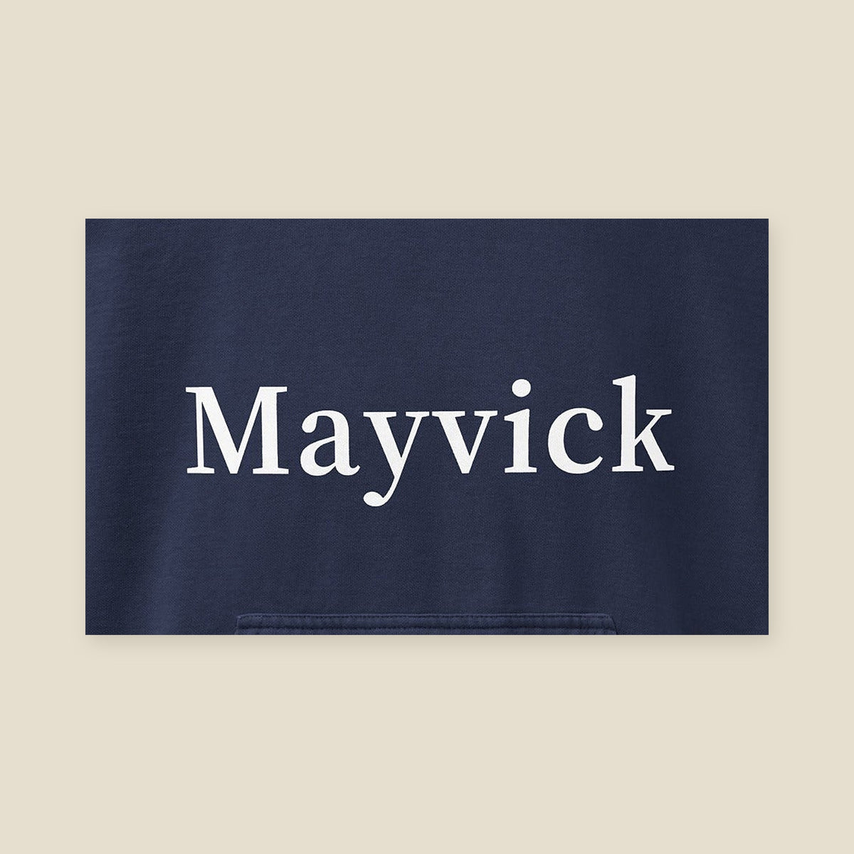 Mayvick Logo Hoodie, front close-up: the Mayvick wordmark in white print on True Navy fleece