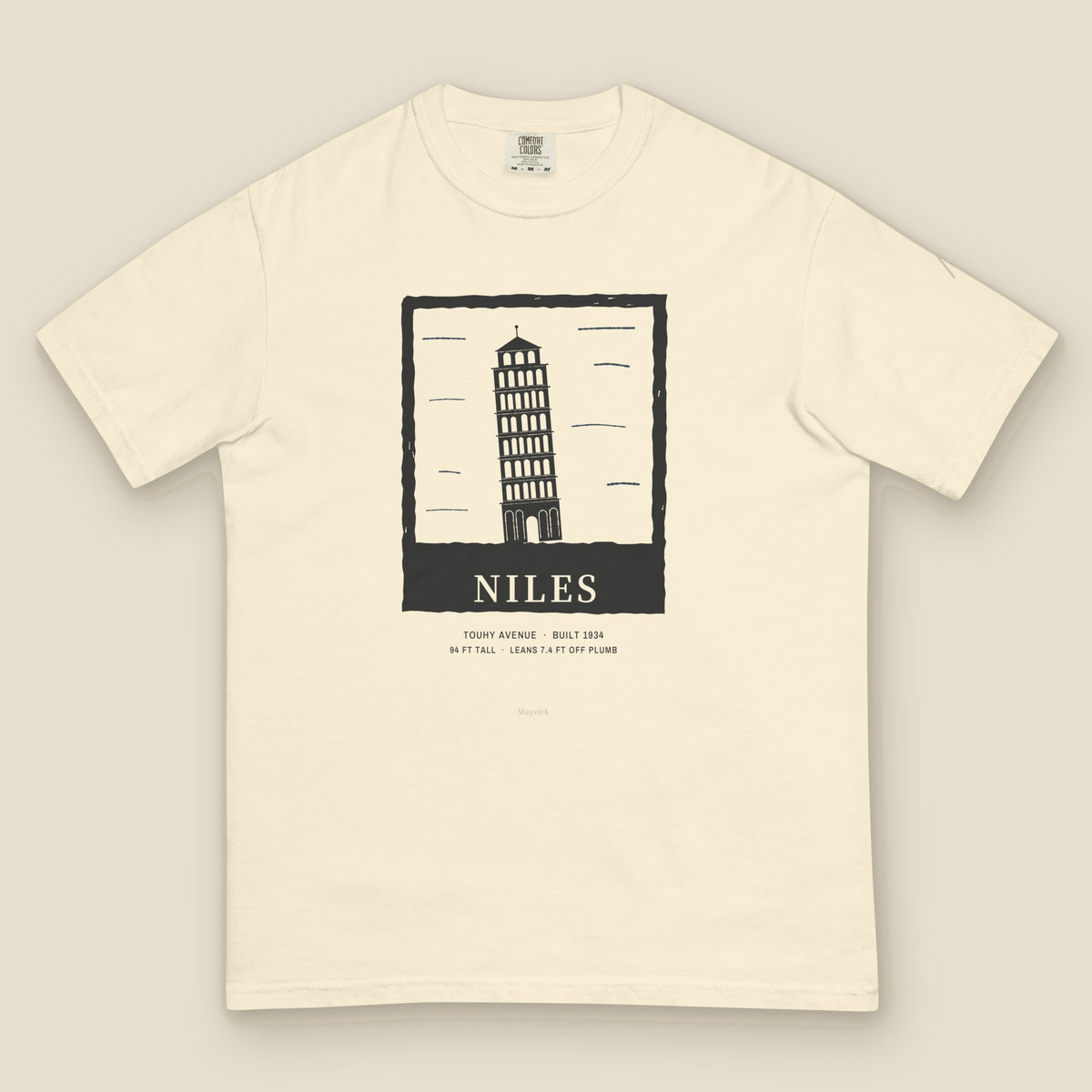 Niles Tee, front, Lemont Stone (Ivory): the leaning tower in a linocut frame, NILES, LEANS 7.4 FT OFF PLUMB.