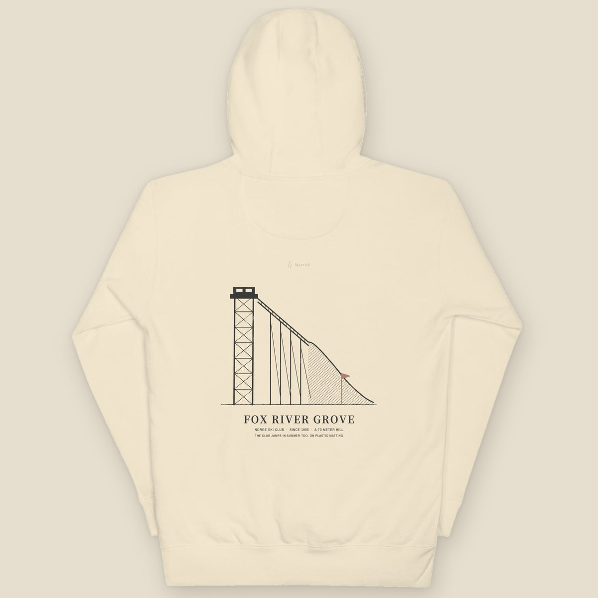 Norge Hoodie, back, Lemont Stone (Bone): the ski jump tower and in-run over FOX RIVER GROVE.