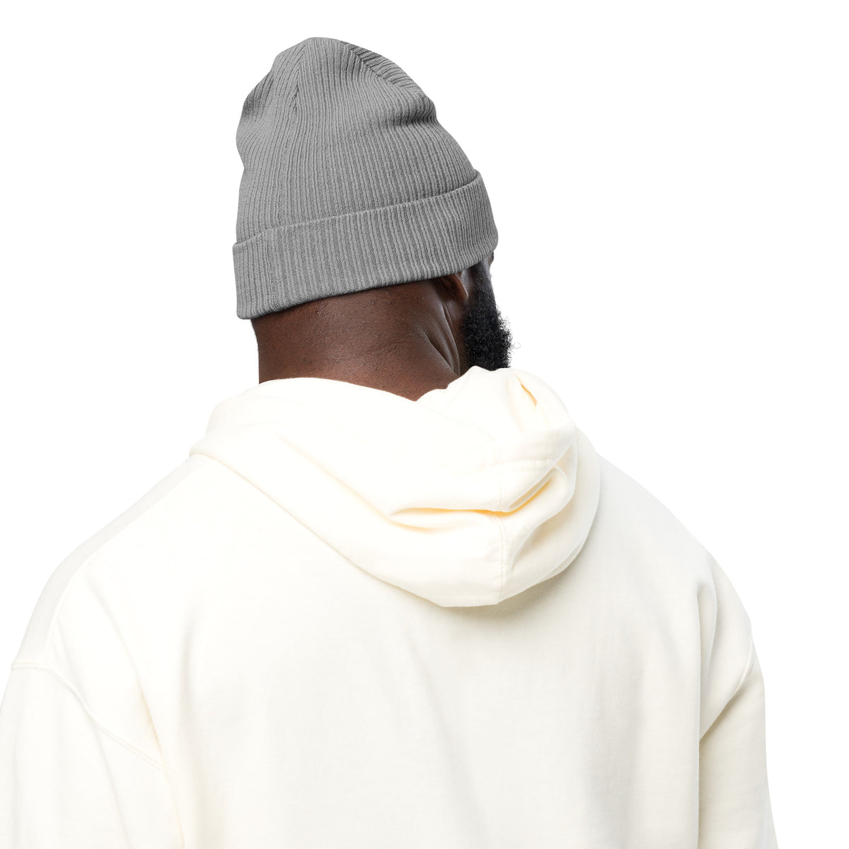 Mayvick Cuff Beanie 3, worn, back, Light Grey: plain ribbed back of the cuff