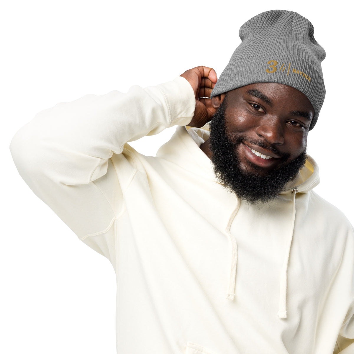 Mayvick Cuff Beanie 3, worn, Light Grey: a bold 3, the mark, a rule and MAYVICK in Old Gold on the cuff