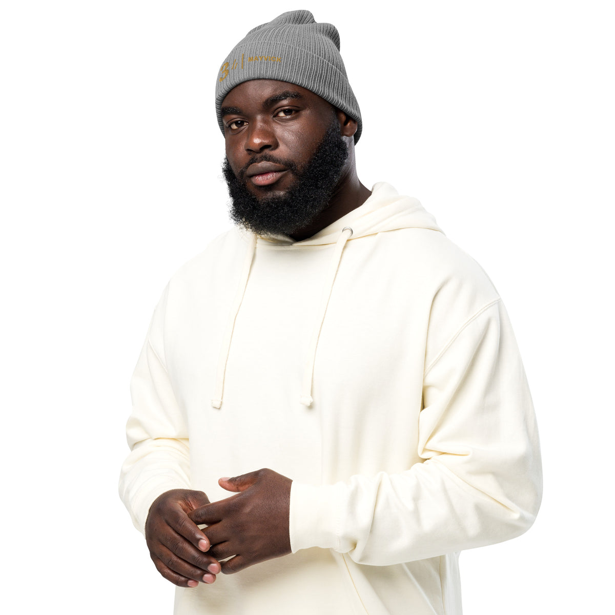 Mayvick Cuff Beanie 3, worn, three-quarter left, Light Grey: the Old Gold 3 and mark on the cuff