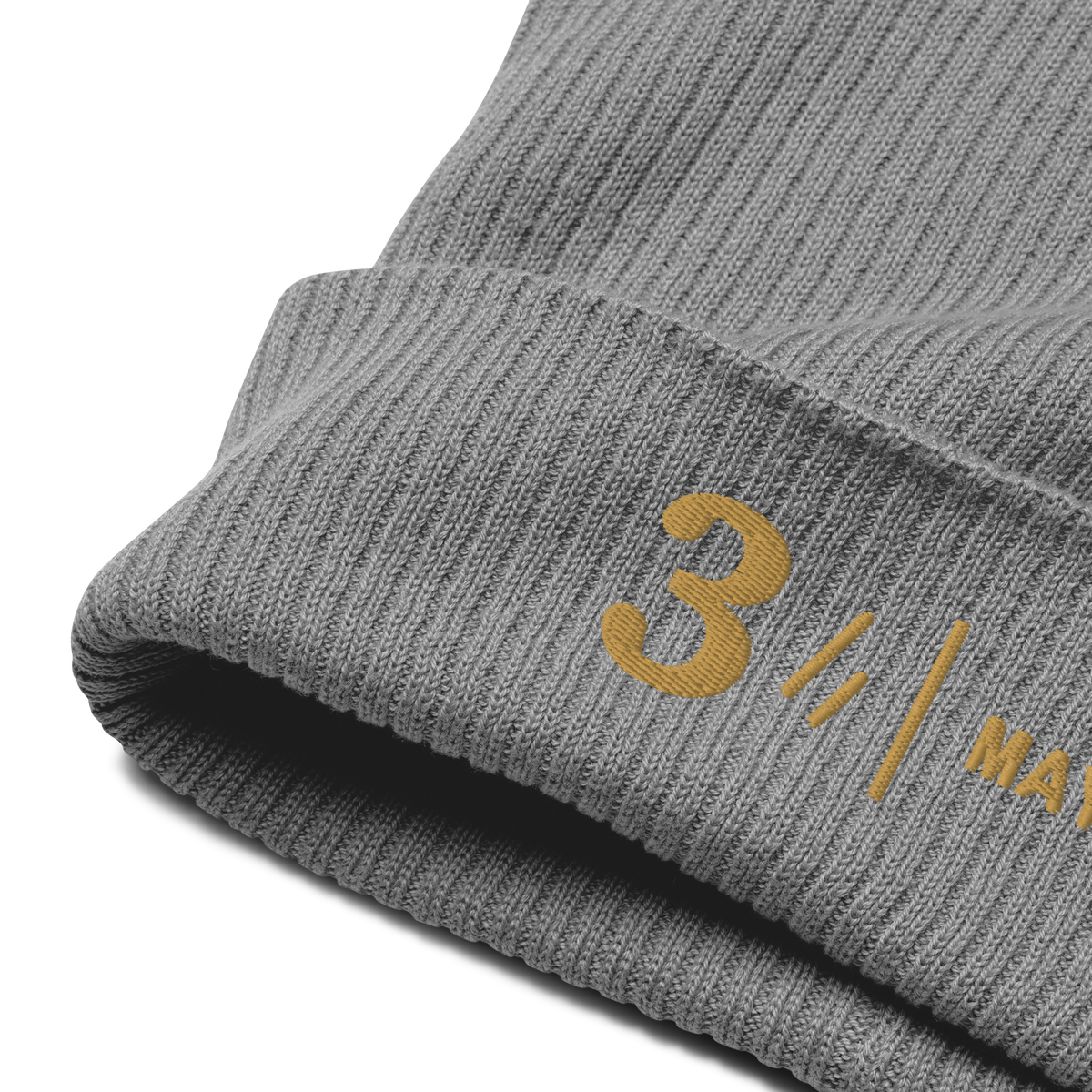 Mayvick Cuff Beanie 3, cuff close-up, Light Grey: the 3 and the mark stitched in Old Gold