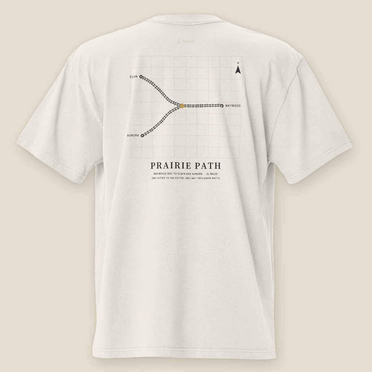 Prairie Path Heavyweight Tee, back, Lemont Stone (Bone): the trail survey map, Maywood to Elgin and Aurora.