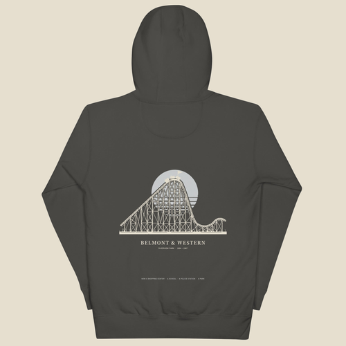 Belmont & Western Hoodie, back, Vintage Black: a wooden coaster's lift hill and first drop over a pale sun.