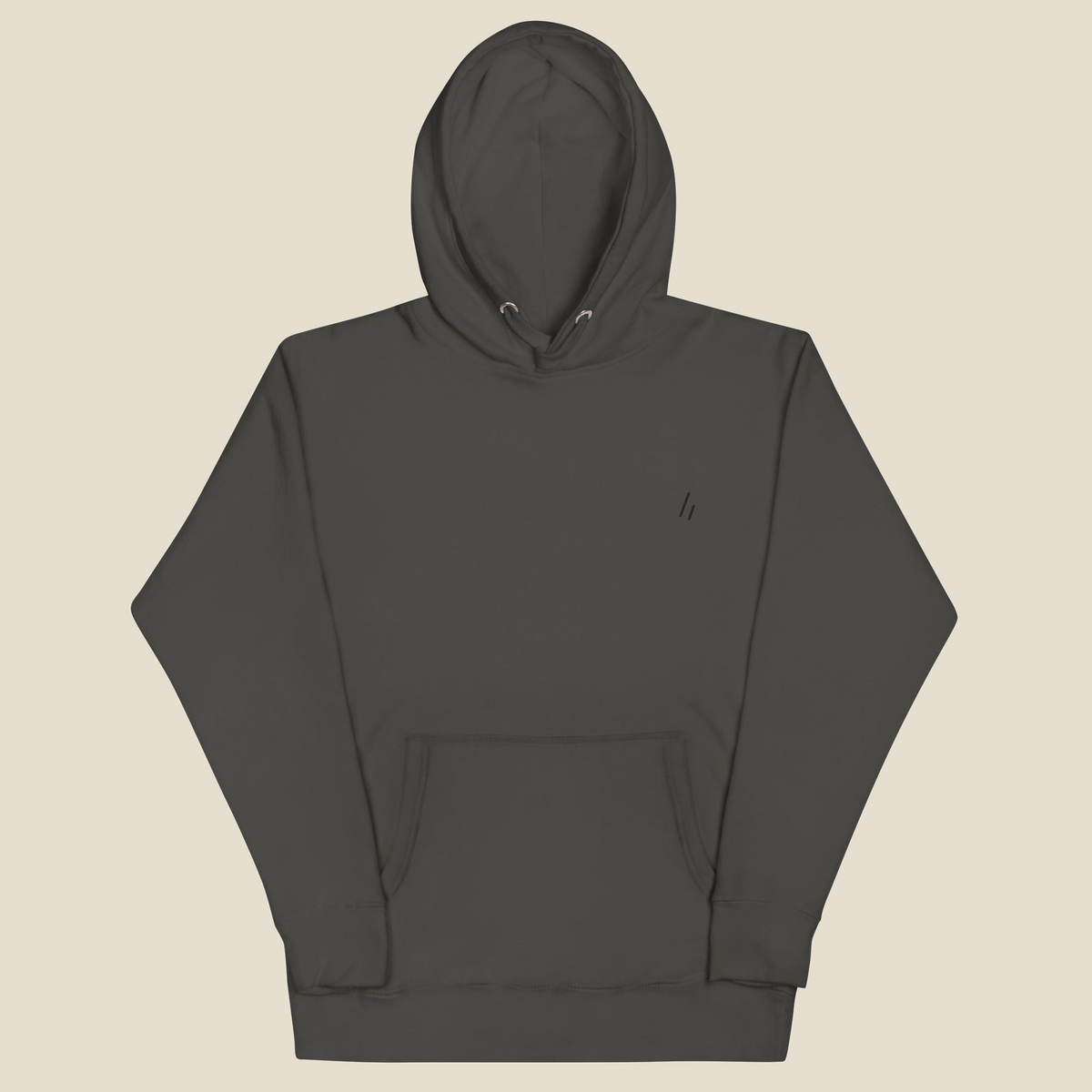 Belmont & Western Hoodie, front, Vintage Black: the mark stitched small in black at the left chest.