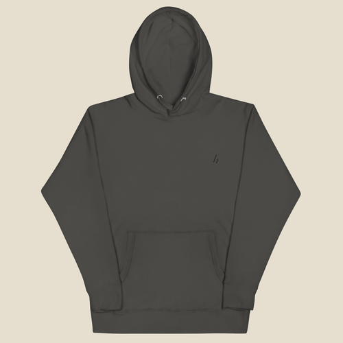 Belmont & Western Hoodie, front, Vintage Black: the mark stitched small in black at the left chest.