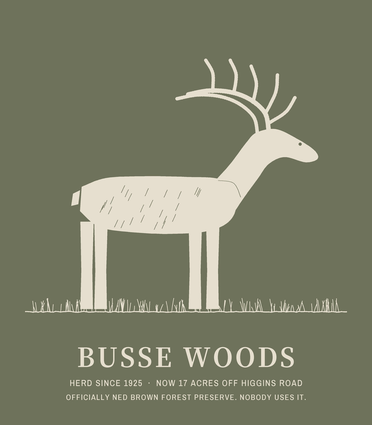 The Elk Tee, back close-up, Moss: the elk on a grass line above BUSSE WOODS.