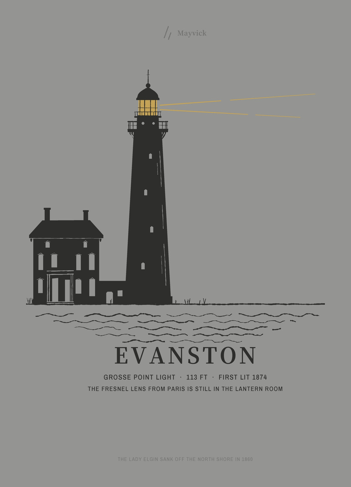 Grosse Point Crewneck, back close-up, Grey: the lighthouse and keeper's house above EVANSTON.